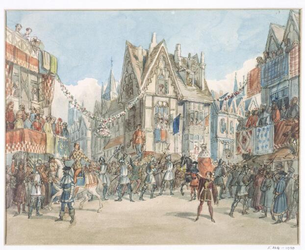 A watercolour of a street scene in medieval London. Garlands and flags hang from the buildings, and crowds are gathered on balconies on both sides of the frame. A row of soldiers in metal plate armour restrain further crowds in the street. Two men on horseback are travelling from right to left. In the lead, a bearded man in a yellow jacket (Bolingbroke) rides a white horse and opens his arms to the spectators. Some distance behind him, a man in a crown an a red cloak with an ermine collar (King Richard II) sits on a brown horse, head bowed. Both horses are led by figures on foot. In the foreground,  a man in brown clothing points at Bolingbroke, mouth open as if shouting.